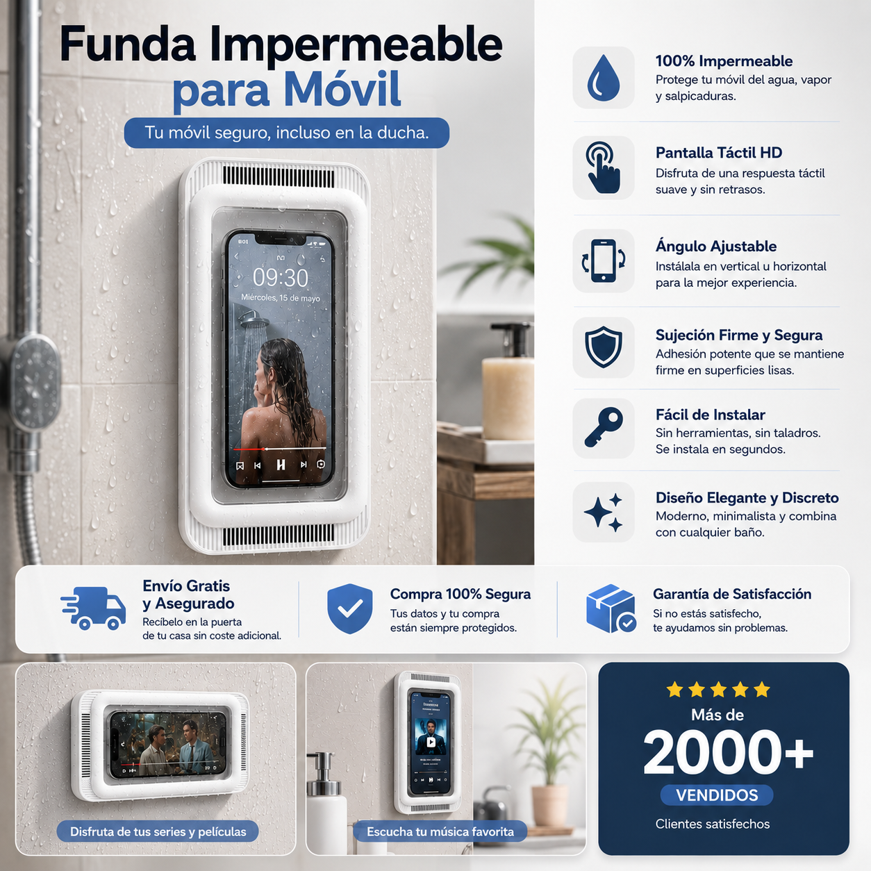 Funda Impermeable para Móvil | Soporte de Pared para Ducha